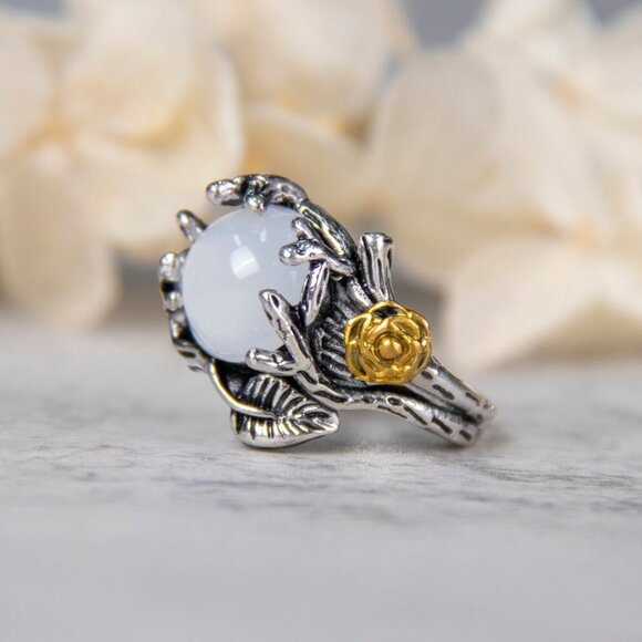 New Womens Moonstone Silver and Gold Ring with Organic Design - Picture 1 of 4